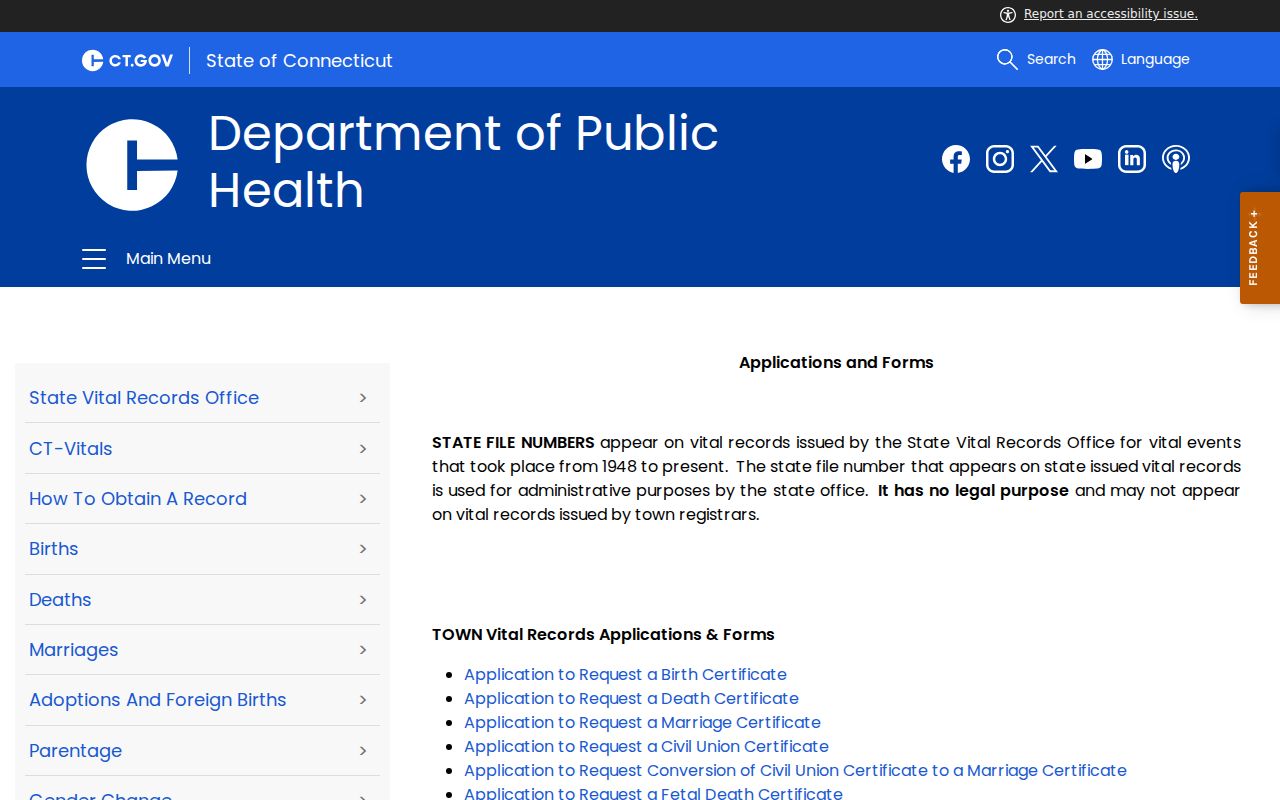 Stratford residents directory Connecticut vital record applications